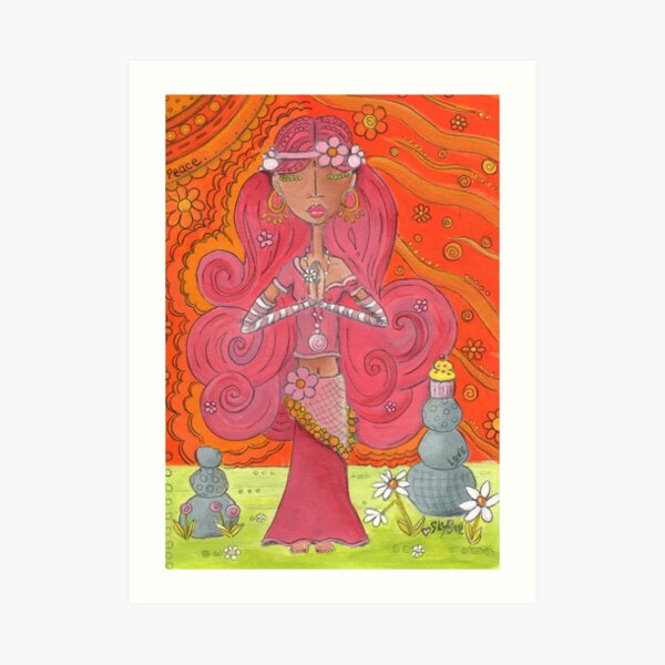 Pink Yoga Gypsy – Whimsical Folk Art Girl in Namaste Pose Art Print