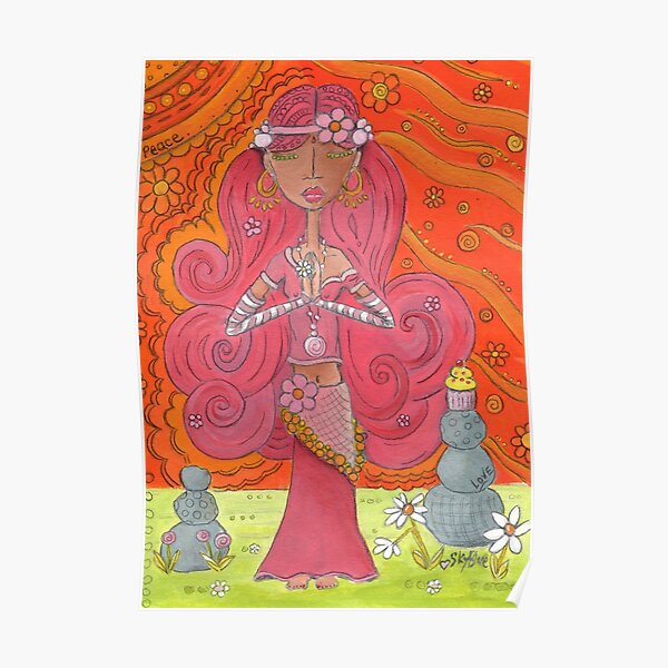 Pink Yoga Gypsy – Whimsical Folk Art Girl in Namaste Pose Poster