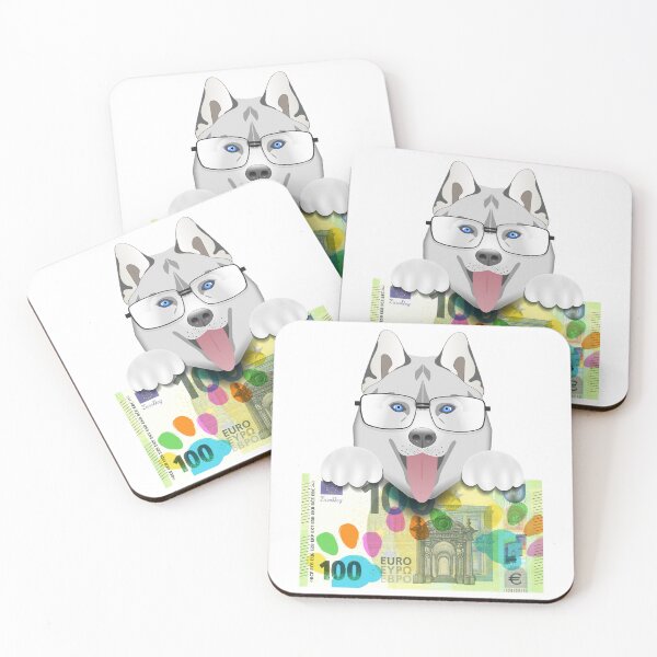 Item preview, Funny cartoon husky puppy head, paws and glasses. EU 100 euro paper banknote with colored paw prints designed and sold by GAleksS.