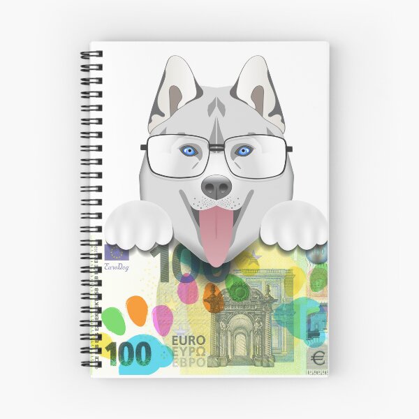 Item preview, Funny cartoon husky puppy head, paws and glasses. EU 100 euro paper banknote with colored paw prints designed and sold by GAleksS.