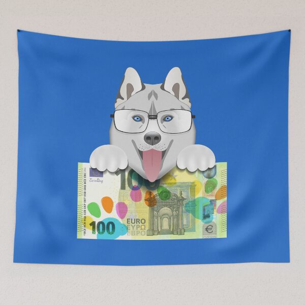 Item preview, Funny cartoon husky puppy head, paws and glasses. EU 100 euro paper banknote with colored paw prints designed and sold by GAleksS.