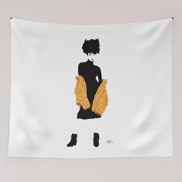 Item preview, Fashionista black dress curly hair yellow jacket designed and sold by Rickard Bengtsson.