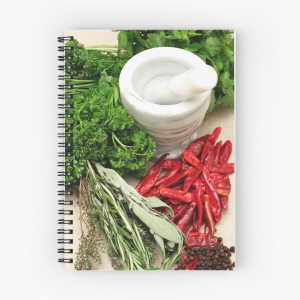 Item preview, Assorted herbs with a mortar and pestle in a rustic setting designed and sold by tethysimaging.