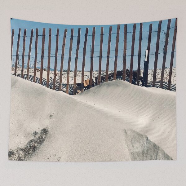 Item preview, Wind-Sculpted Sand Hills With Fence Minimalist Art Photo designed and sold by DEC02.