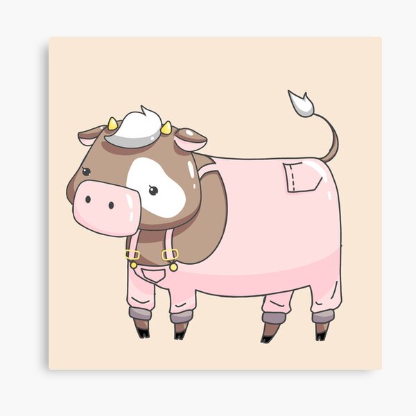 cute pink  brown white cow in overalls Canvas Print