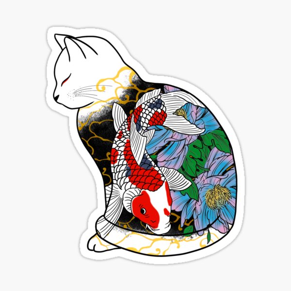 Vista previa del artículo con la obra «Gato kitsune con coloridos peces koi y flores, figura de gato zen - gato japonés colorido», diseñado y vendido por shodark.