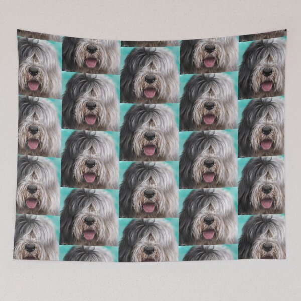 Item preview, Close Up Painting of a Black and White English Sheep Dog on Blue Background designed and sold by ibadishi.