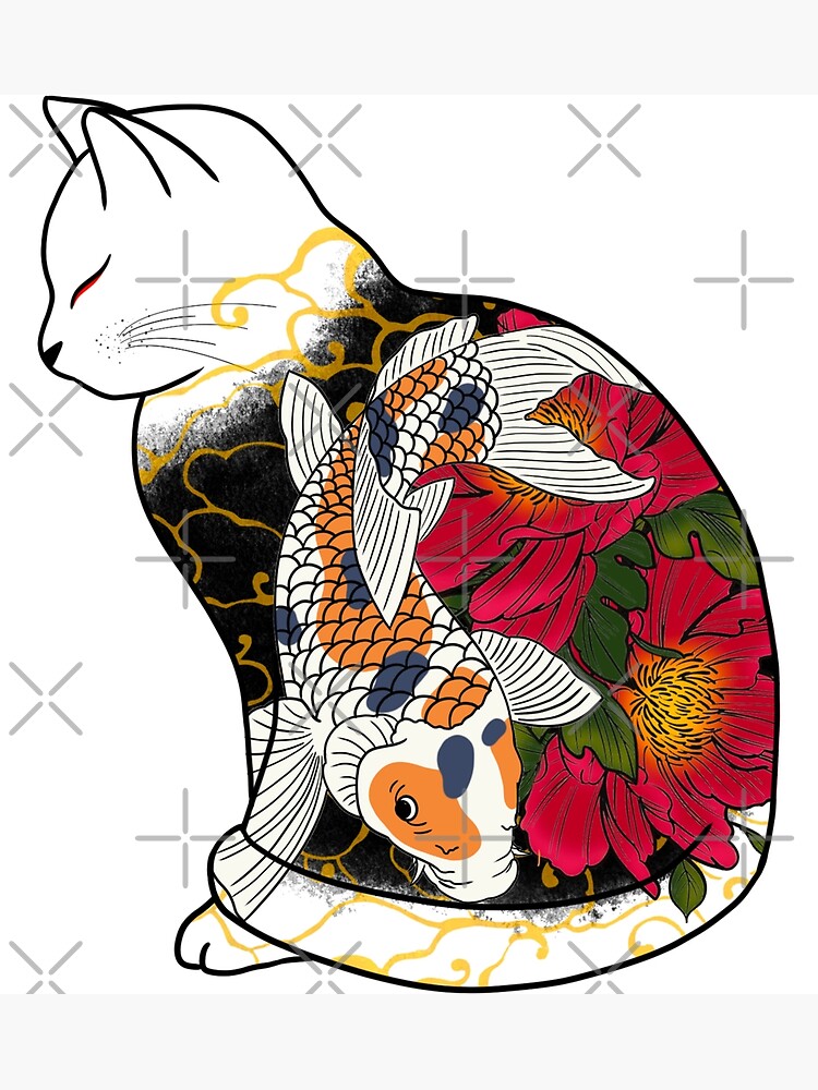 "Kitsune cat with colorful koi fish and flowers, zen cat figure