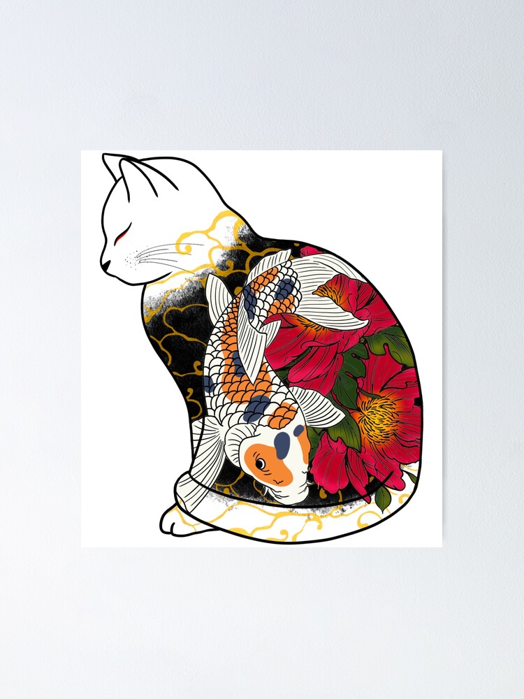 Kitsune cat with colorful koi fish and flowers zen cat figure colorful japanese cat Poster