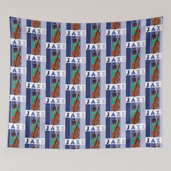 Item preview, Jazz musician playing the double bass with retro background in blue tones designed and sold by Martapp.