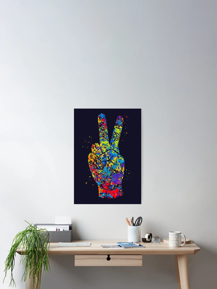Thumbnail 2 of 3, Poster, Colorful Hand Peace Sign - Color Splashed Hand Sign designed and sold by molamode.