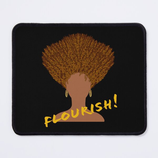 Item preview, Flourish! Natural Hair Upward Curly Afro with Gold Earrings and Yellow Gold Lettering (Black Background) designed and sold by ArtByLM.