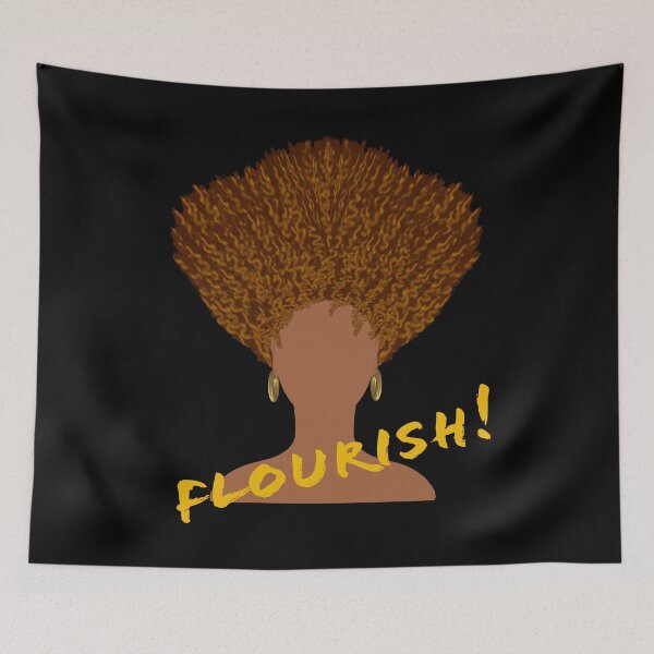 Item preview, Flourish! Natural Hair Upward Curly Afro with Gold Earrings and Yellow Gold Lettering (Black Background) designed and sold by ArtByLM.