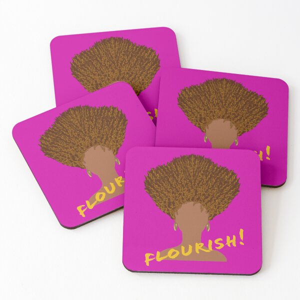 Item preview, ¡Florecer! Cabello natural afro rizado hacia arriba con aretes dorados y letras en oro amarillo (fondo morado) designed and sold by ArtByLM.