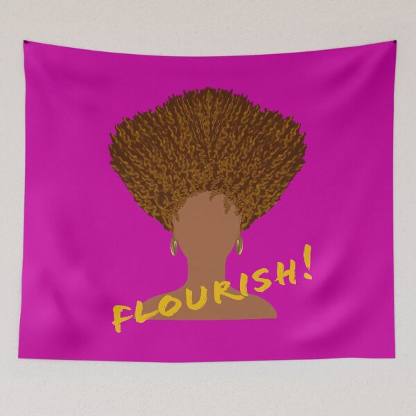 Item preview, Flourish! Natural Hair Upward Curly Afro with Gold Earrings and Yellow Gold Lettering (Purple Background) designed and sold by ArtByLM.
