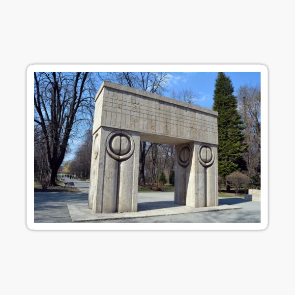 TARGU JIU, ROMANIA MARCH 15 2017 Gate of the Kiss. translation Poarta Sarutului It is a stone sculpture made by Constantin Brancusi. It's locateted in Targu Jiu, Romania. Sticker