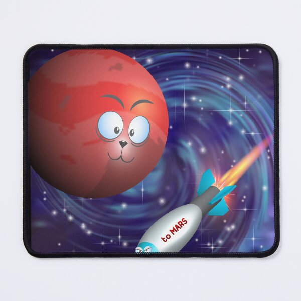 Item preview, Funny cartoon space. Stylistic red planet Mars with eyes and 3d colored serious rocket with a bright fiery jet against the background of a spiral galaxy designed and sold by GAleksS.