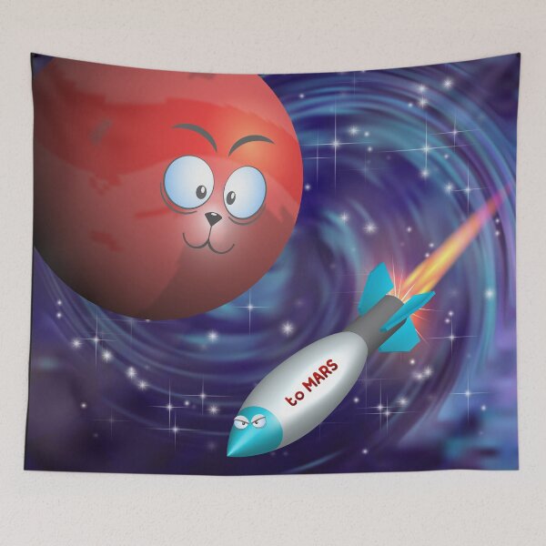 Item preview, Funny cartoon space. Stylistic red planet Mars with eyes and 3d colored serious rocket with a bright fiery jet against the background of a spiral galaxy designed and sold by GAleksS.