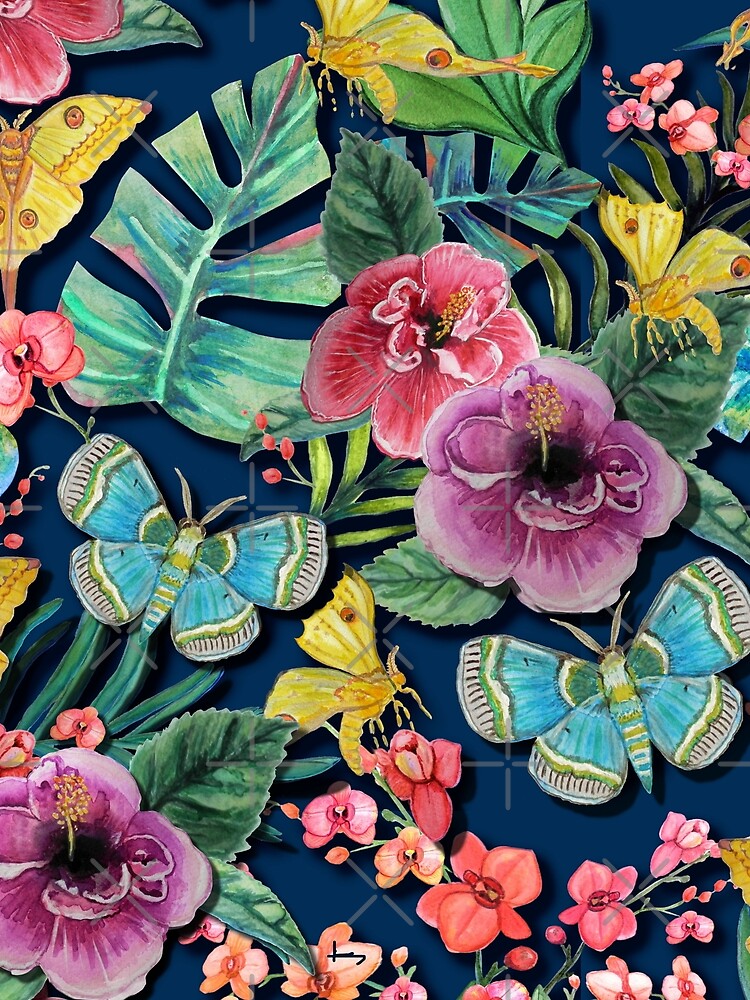 Blue butterfly and tropical hibiscus jungle floral Moody Blue Floral Jungle tropical with orchids, hibiscus, palms and tropical moths by MagentaRose