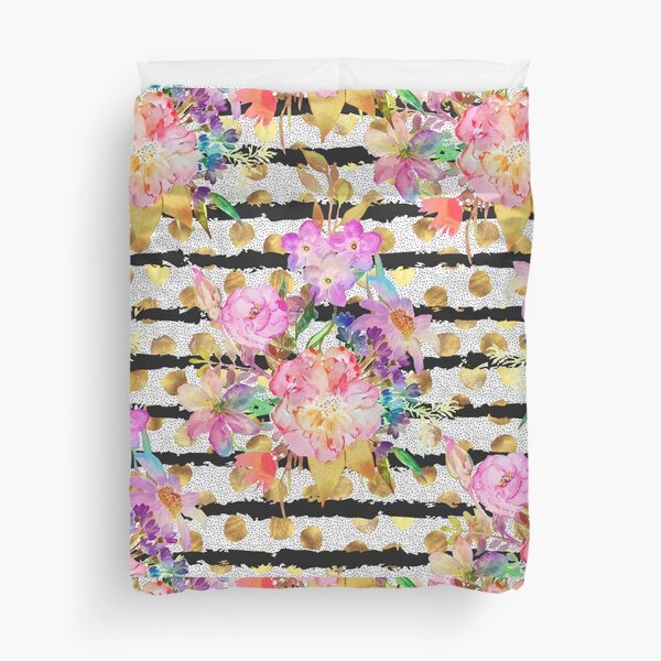 Elegant spring flowers and stripes design Duvet Cover