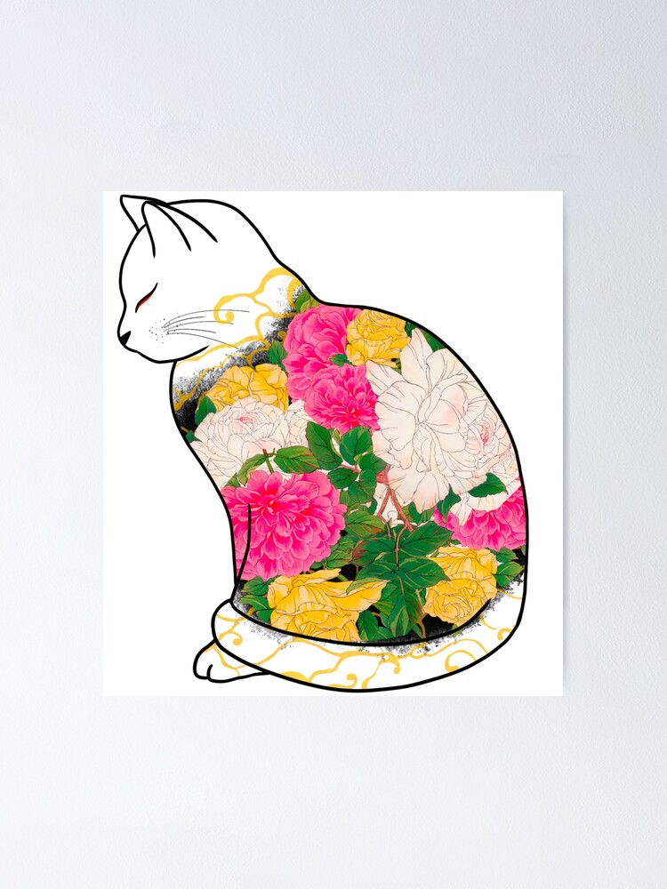 "Kitsune cat with colorful koi fish and flowers, zen cat figure