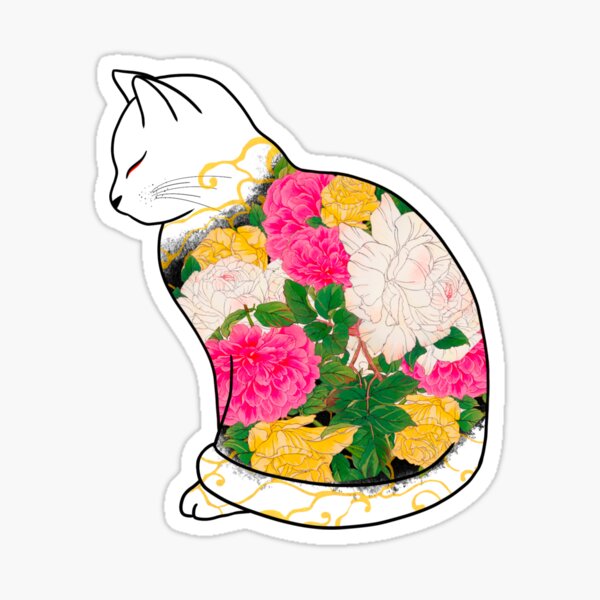 Vista previa del artículo con la obra «Gato kitsune con coloridos peces koi y flores, figura de gato zen, gato japonés colorido», diseñado y vendido por shodark.