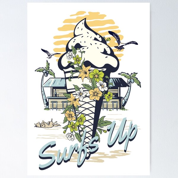 Item preview, Surfs Up Summer Vacation Icecream Beach t-shirt. Boho sunny ocean days illustration with palms, ice-cream, cat, dog and waves. designed and sold by Barb  Hamilton ⭐⭐⭐⭐⭐.
