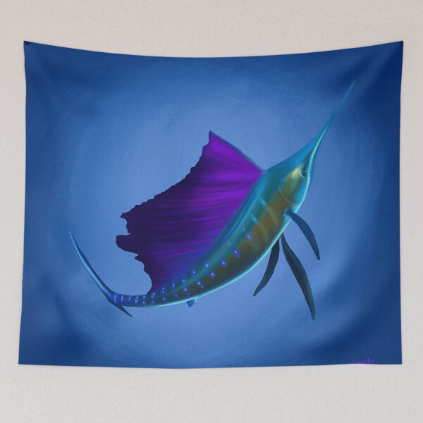 Item preview, Sailfish painting, with hues of blues, purples and greens. Great gift for a fishing lover. designed and sold by PlumpPlumStudio.