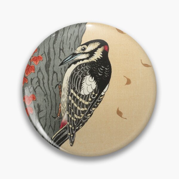 Item preview, Great spotted woodpecker in tree with red ivy by Ohara Koson designed and sold by see-the-fox.
