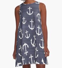 White Anchors On Dark Blue Stripes A-Line Dress