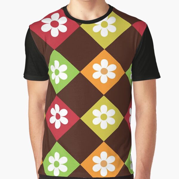 Retro 70s flowers on orange, red, yellow and green argyle pattern  Graphic T-Shirt