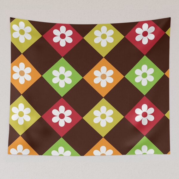 Item preview, Retro 70s flowers on orange, red, yellow and green argyle pattern  designed and sold by Yasminepatterns .