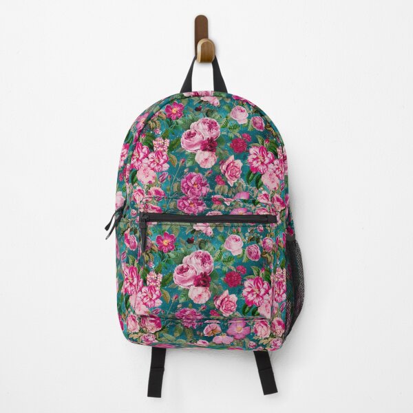 Artikelvorschau, Vintage Blumen rosa Rosen und Fuchsia Blumen exotischen Garten, botanische Illustration, türkisblau Blumenmuster entworfen und verkauft von ZeinabTaha.