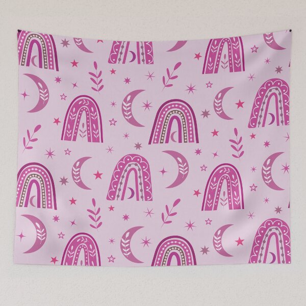Item preview, Beautiful Pastel Pink boho rainbow and moon pattern with leaves and stars  designed and sold by Yasminepatterns .