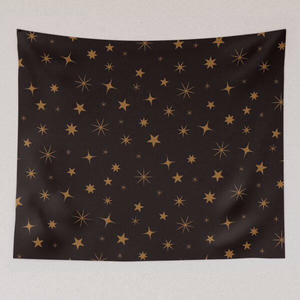 Item preview, Golden Celestial  sparkling stars  and starburst pattern on black background  designed and sold by Yasminepatterns .