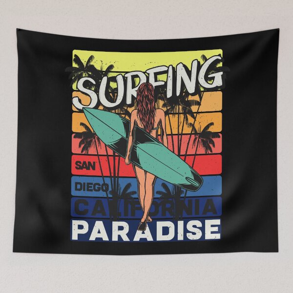 Item preview, Surfing Paradise San Diego California - Different color bars with a female surfer and surboard designed and sold by velisani.