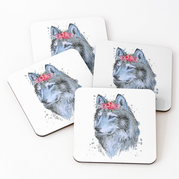 Item preview, Arctic wolf wearing red flowers designed and sold by DoodlesnPoodles.