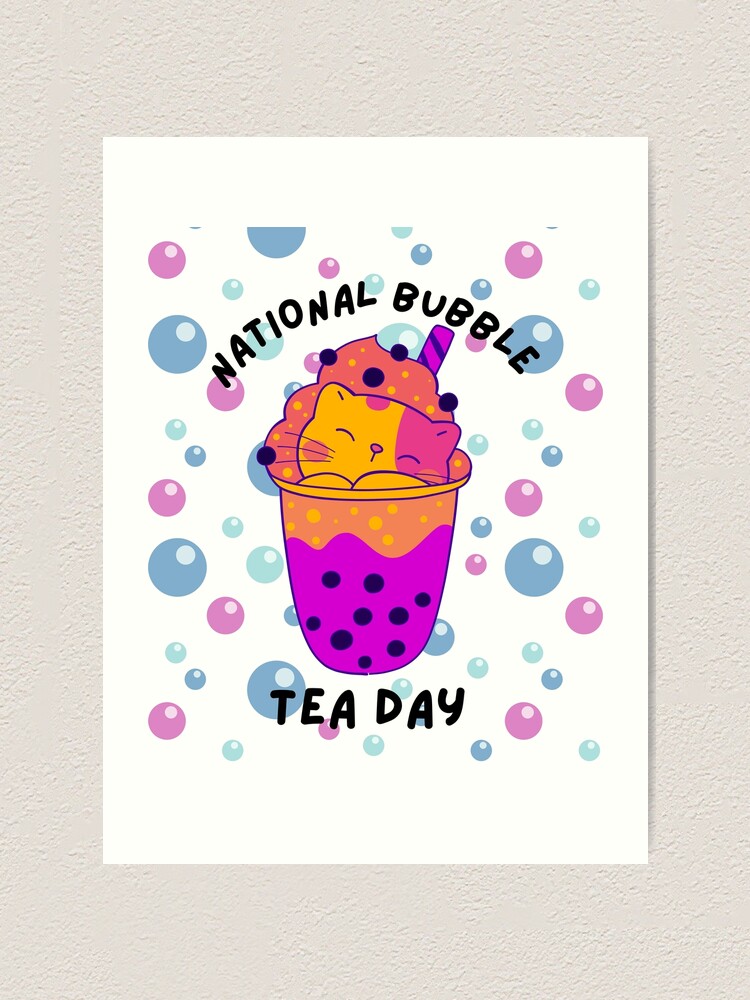 "National bubble tea day, two tone cat in boba bubble tea, surrounded