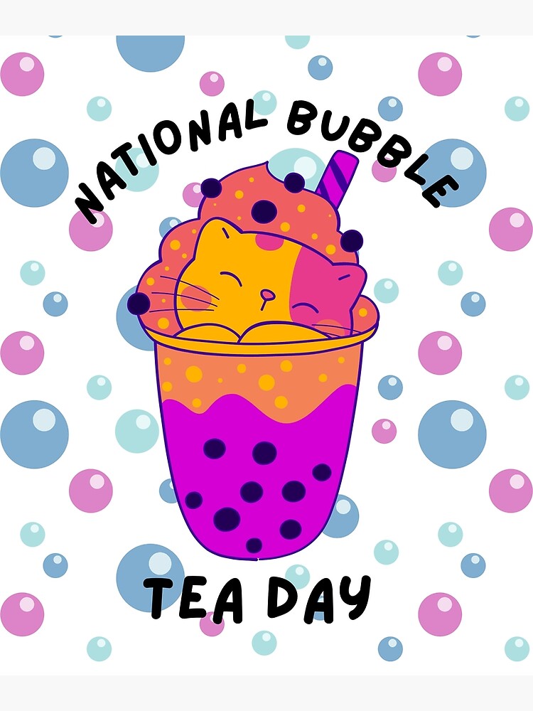 "National bubble tea day, two tone cat in bubble tea, surrounded by