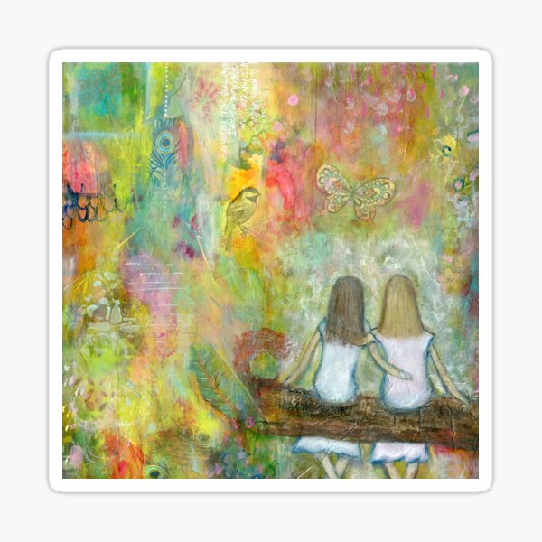 Soul Sisters, Best Friends, BFF, Together Forever, Side by Side, Colorful, Blonde & Brunette, You are not alone, Gift for Women, Whimsical, Jackie Barragan, Mixed Media Sticker