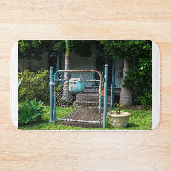 Item preview, A pale blue rusty old fashioned mail box on a gate with no fence designed and sold by DavidMay.