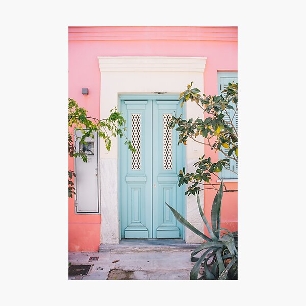 Item preview, Pastel Blue Door on Pink Wall in Plaka Athens designed and sold by ppolecho.