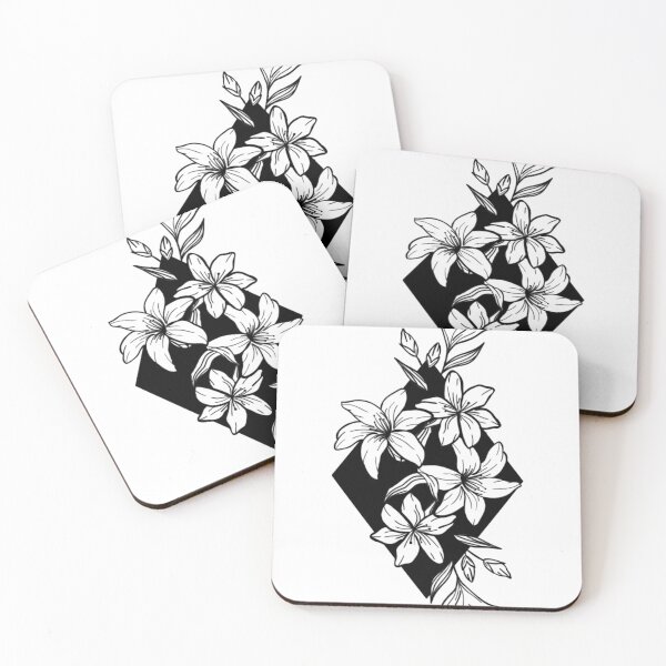 Item preview, white over black abstract line art flower pattern - Minimalist black and white flowers designed and sold by shodark.