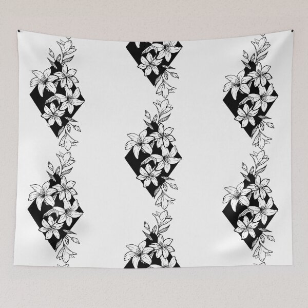 Item preview, white over black abstract line art flower pattern - Minimalist black and white flowers designed and sold by shodark.