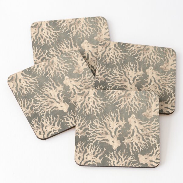 Coral Branches on Tobacco Brown Distressed Texture with Gold Details Coasters (Set of 4)
