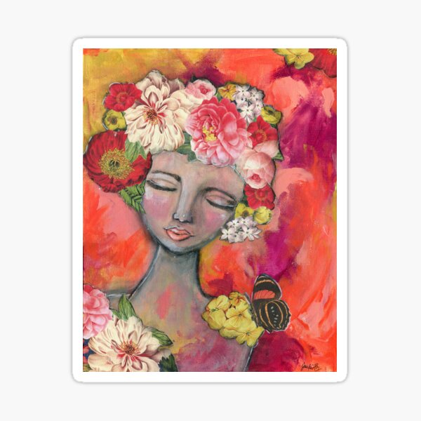Flowers in hair, Floral Headdress, Feminine Girl, Whimsical Girl, Poppies, Garden Theme, Spring time, Jackie Barragan Sticker