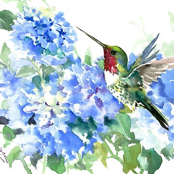 Artwork thumbnail, Hydrangea Flowers and Hummingbird by surenart