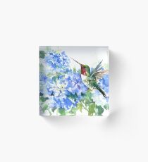 Hydrangea Flowers and Hummingbird Acrylic Block