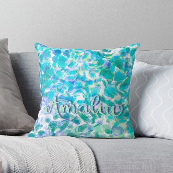 AMALIA - Diseño de acuarelas personalizado con el nombre de AMALIA, en azul, turquesa y verdes. Cojín