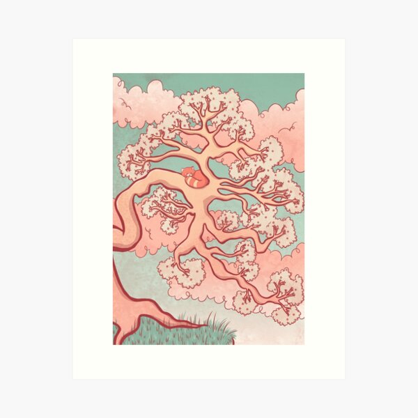 Sleepy Red Panda in a Cherry Blossom Tree Art Print